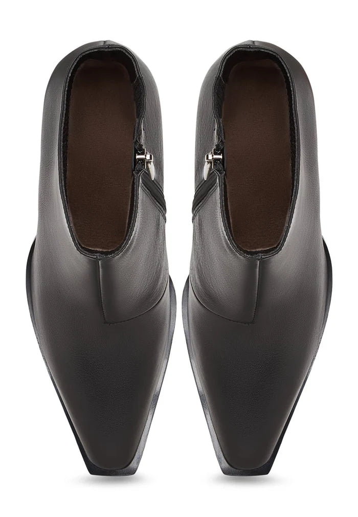 A pair of chic black block heel boots, the Athena black boots, for women who love fashionable footwear.