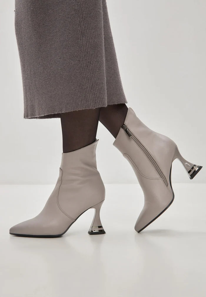 A stylish pair of Cleo grey high-heeled ankle boots, the epitome of chic footwear for women's fashion.
