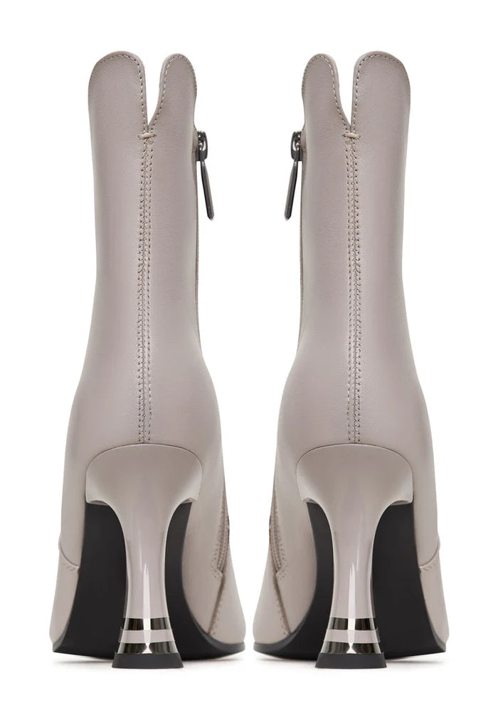 A stylish pair of high-heeled ankle boots in Cleo grey, perfect for showcasing chic women's fashion.