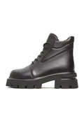 A sleek pair of black leather Freya ankle boots with platform and chunky heels.