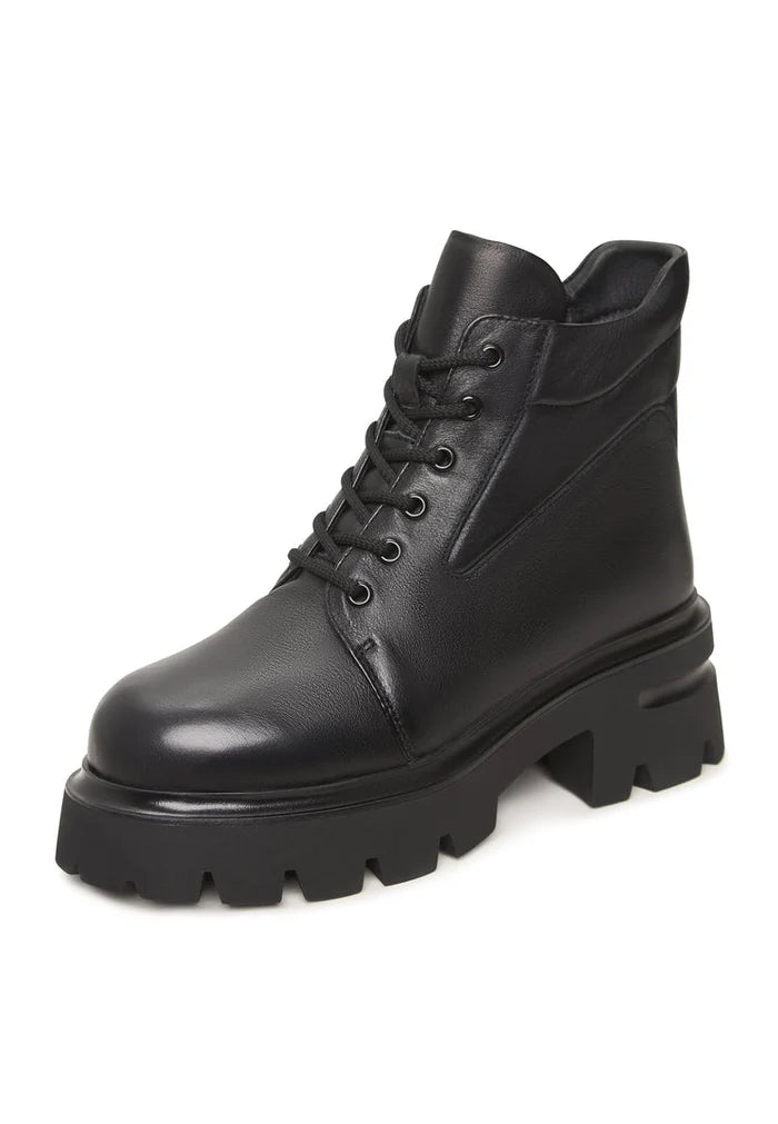 A stylish pair of black leather Freya ankle boots with chunky heels, ideal for any outfit, perfect for any platform ankle boot lover.