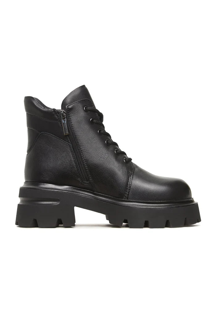 A stylish pair of black leather Freya platform ankle boots with chunky heels.