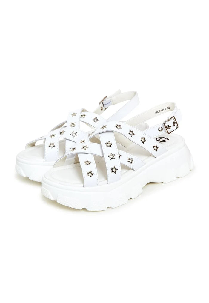 A close-up image of chunky white platform sandals with a stylish and trendy design, perfect for women looking for chunky heel sandals.