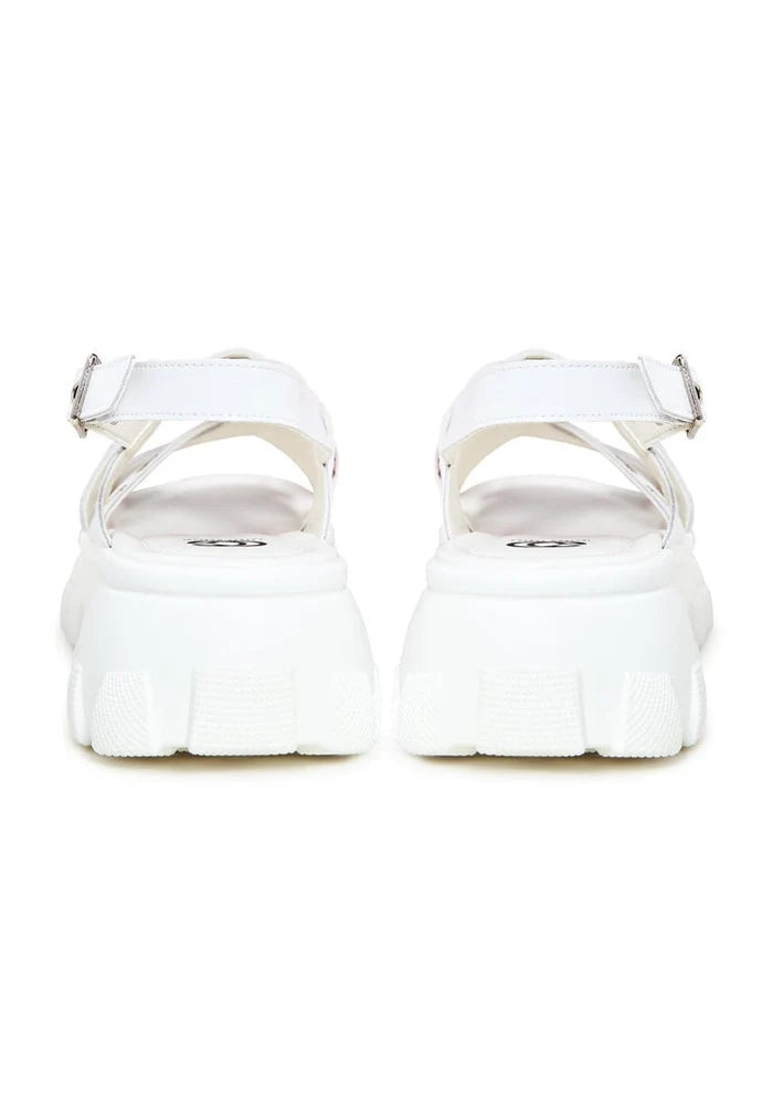 A stylish pair of chunky white platform sandals with a chunky heel for women.