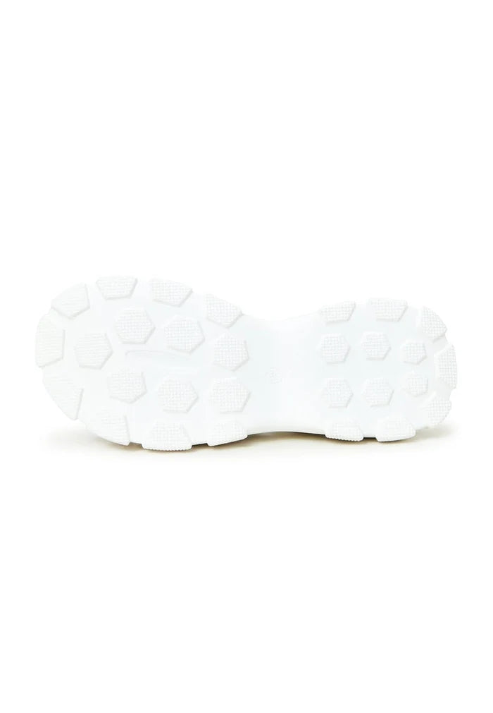 A stylish pair of women's chunky white platform sandals with a trendy chunky heel design.