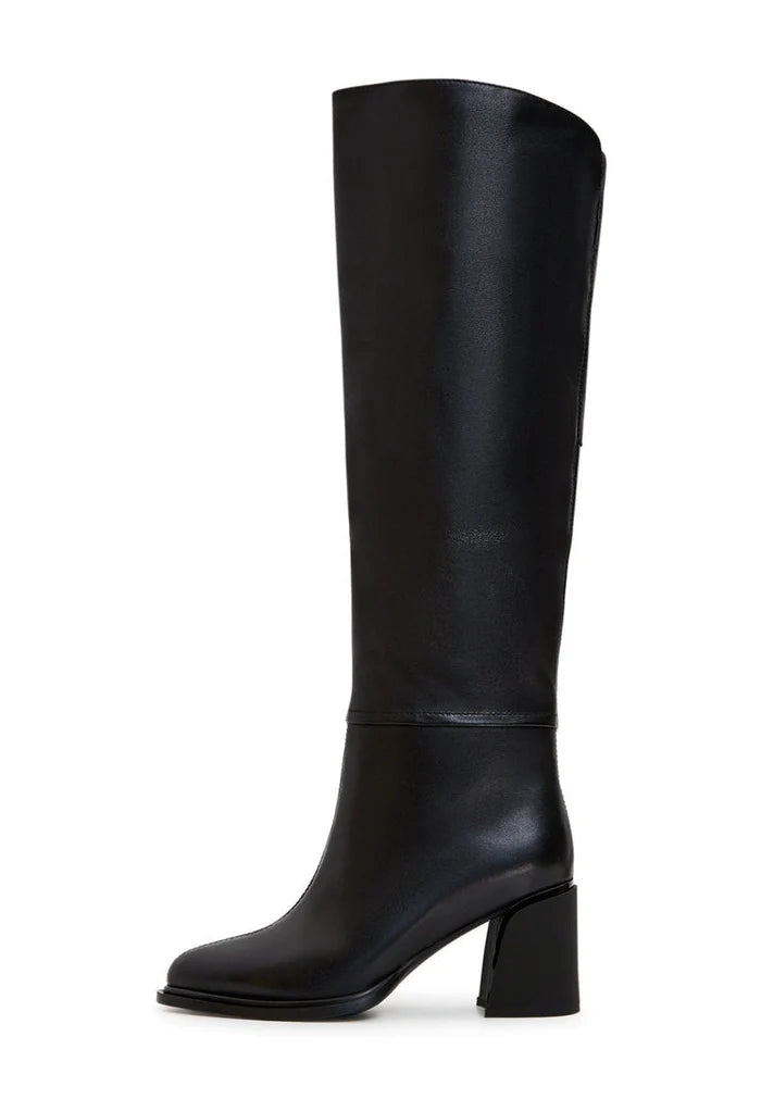 A stylish pair of black block heel boots, a classic choice for women's footwear, showcasing versatile black ankle boots with a sleek block heel design.