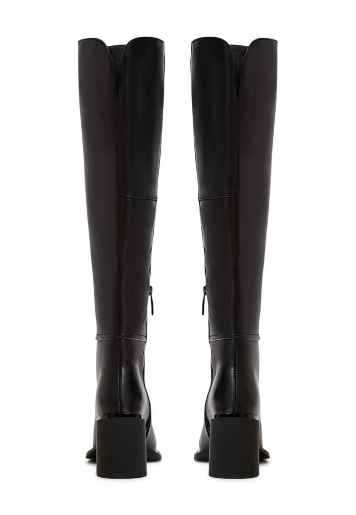 A stylish pair of black block heel boots, classic ankle boots for women with a trendy block heel design.