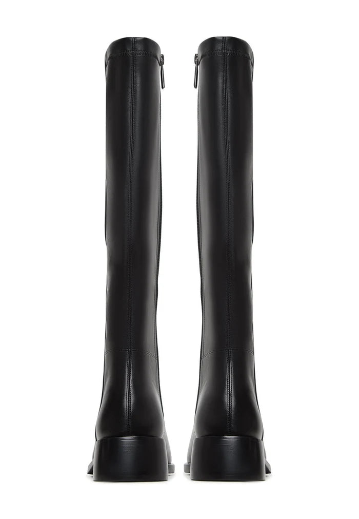A pair of stylish women's knee-high leather boots in classic black, perfect for elevated fashion looks.