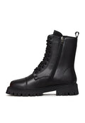 A stylish pair of black leather platform ankle booties for women, perfect for all occasions.