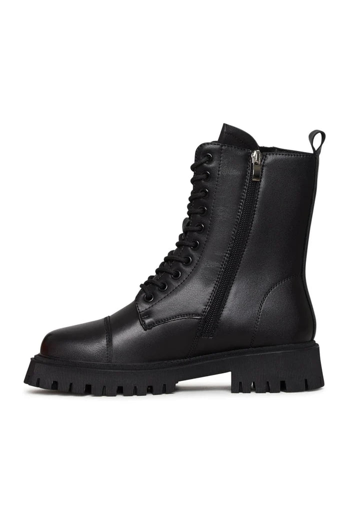A stylish pair of black leather platform ankle booties for women, perfect for all occasions.