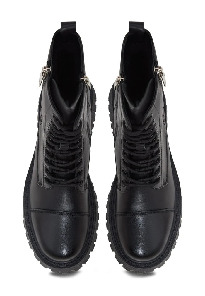 A stylish pair of black leather platform ankle boots, perfect for adding a bold statement to any outfit.