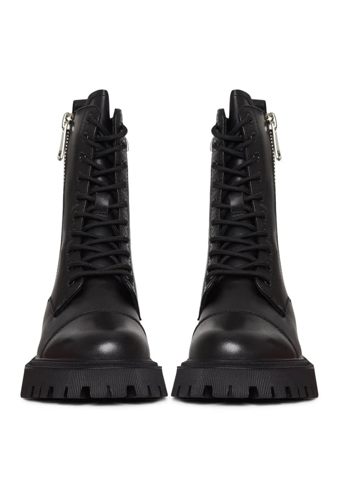A stylish pair of black leather platform ankle booties for women, a classic addition to any outfit.