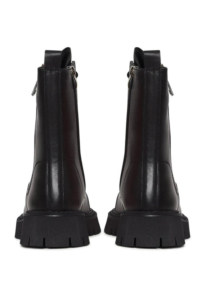A pair of stylish women's platform ankle booties in classic black leather design.
