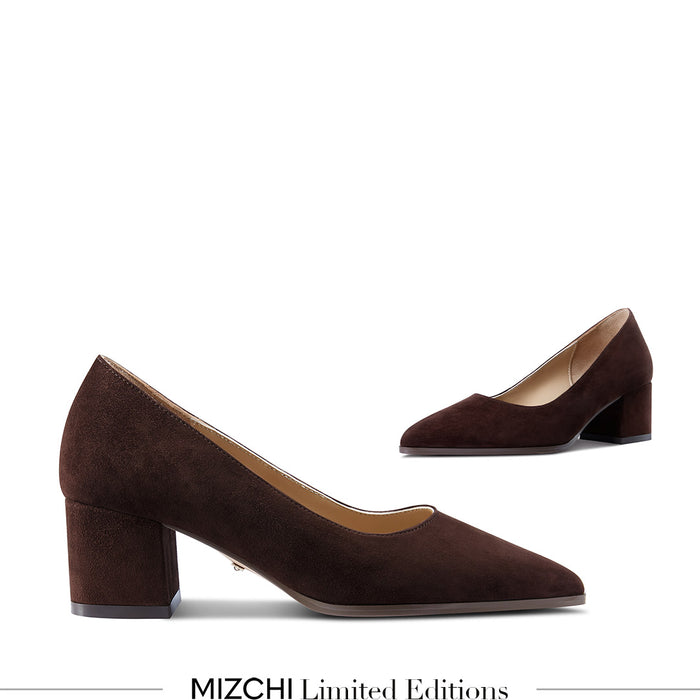 DIARA CHOCOLATE - suede chunky heel pumps