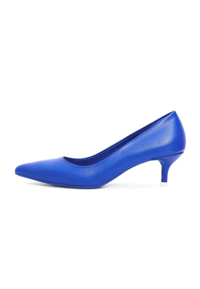 A pair of elegant blue designer pumps, perfect for upscale occasions and high-end fashion.