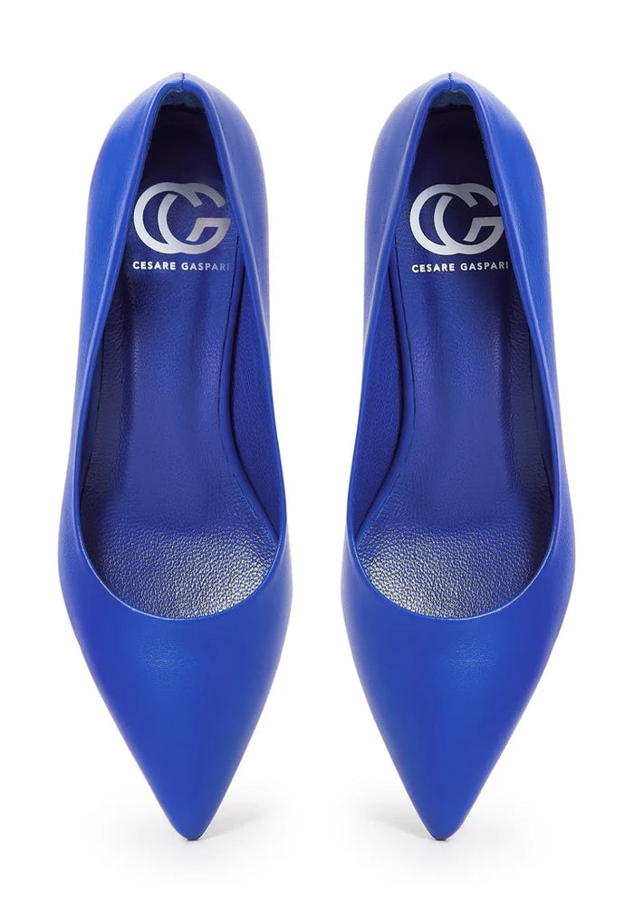 A pair of elegant blue designer pumps, showcasing high-end luxurious footwear.