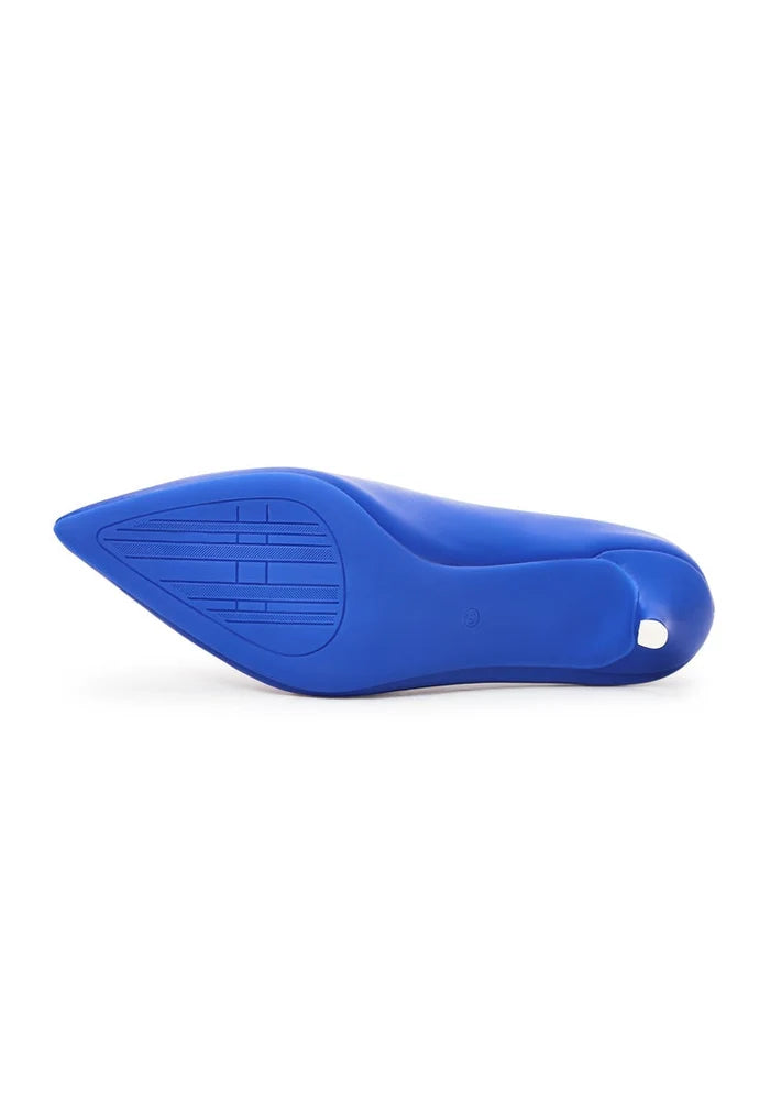 A sophisticated pair of designer blue heels, showcasing elegant and luxe high-end footwear.