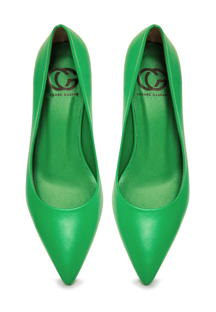 A pair of luxury green pumps - elegant heels for high-end footwear fashionistas.