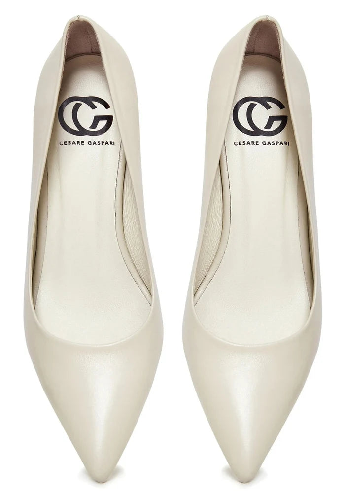 "Pair of elegant luxe off white pumps, ideal as luxe heels or designer pumps for a white wedding."