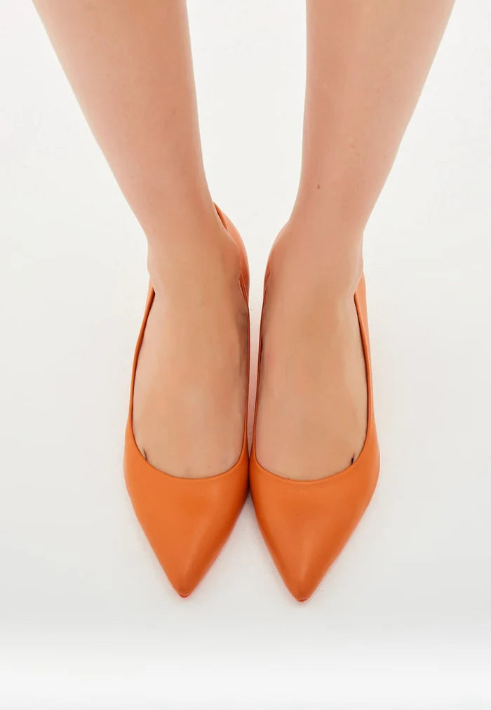 A pair of elegant orange designer pumps, the epitome of high-end luxury heels.