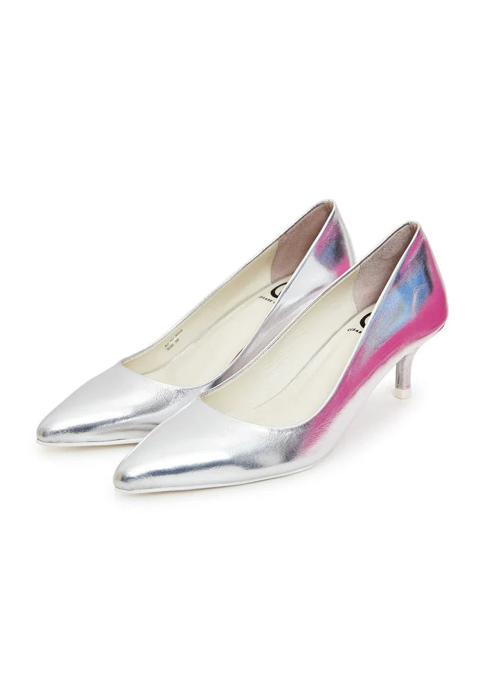 A stylish pair of silver pumps, perfect for a elegant event. Luxe footwear for women designed as high-end pumps.