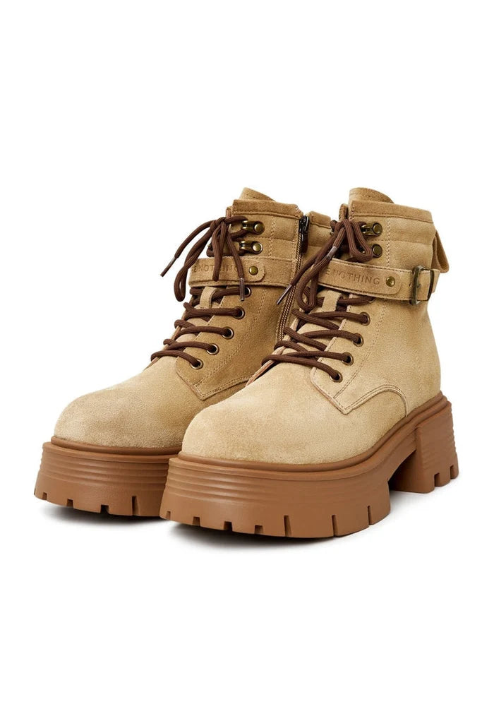 Elevate your style with these elegant beige platform ankle boots, the perfect combination of chic design and comfort for the fashion-forward woman.
