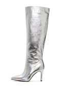 A chic pair of silver knee-high high heel boots, the perfect metallic footwear for a trendy statement look.