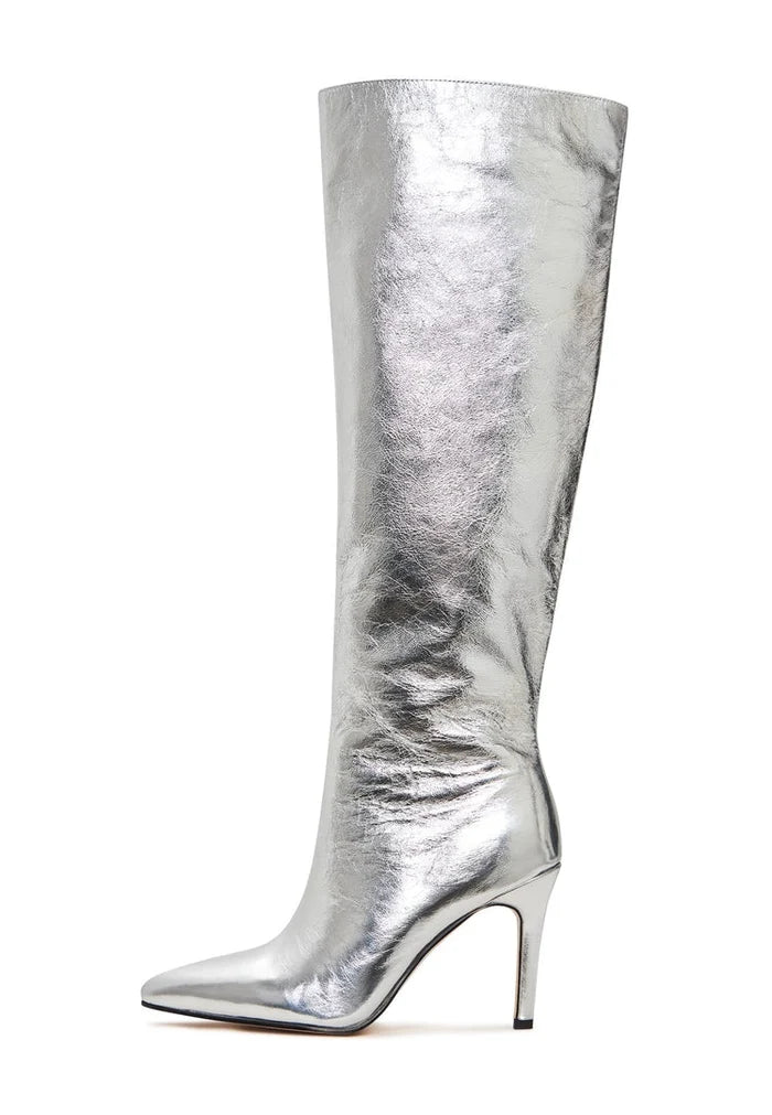 A chic pair of silver knee-high high heel boots, the perfect metallic footwear for a trendy statement look.