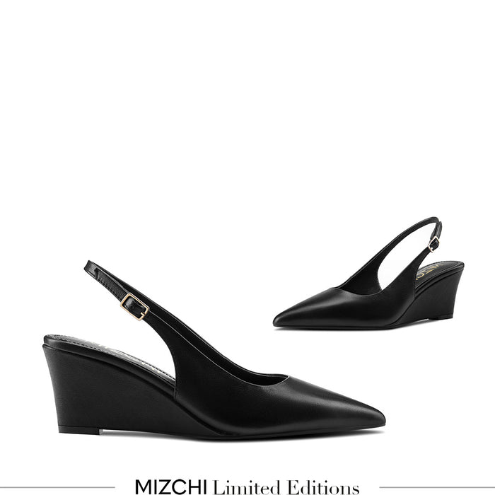 ELLIOT - black leather slingback wedge
