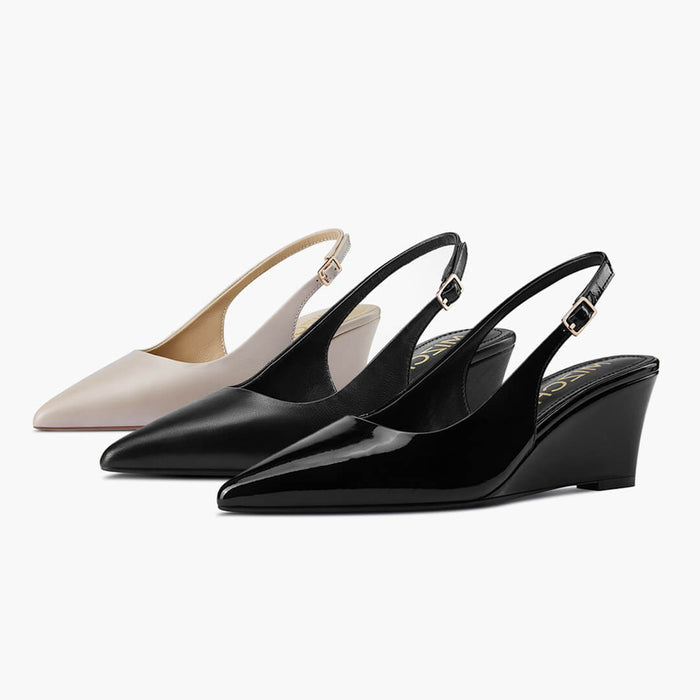 ELLIOT - black leather slingback wedge