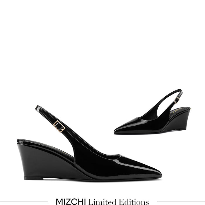 ELLIOT - black patent slingback wedge