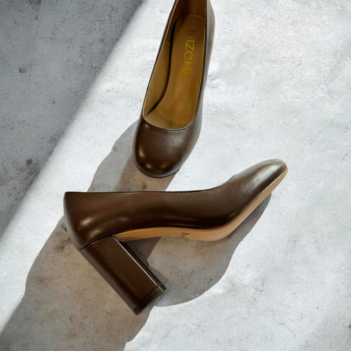 ESHA - brown leather chunky high heel pump