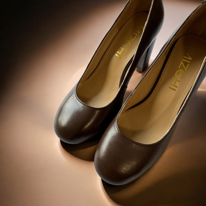 ESHA - brown leather chunky high heel pump