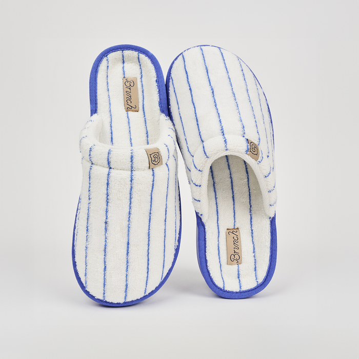 Top view of Essential Regatta Striped Terry slippers showcasing blue pinstripes and Brunch logo tag on a white background