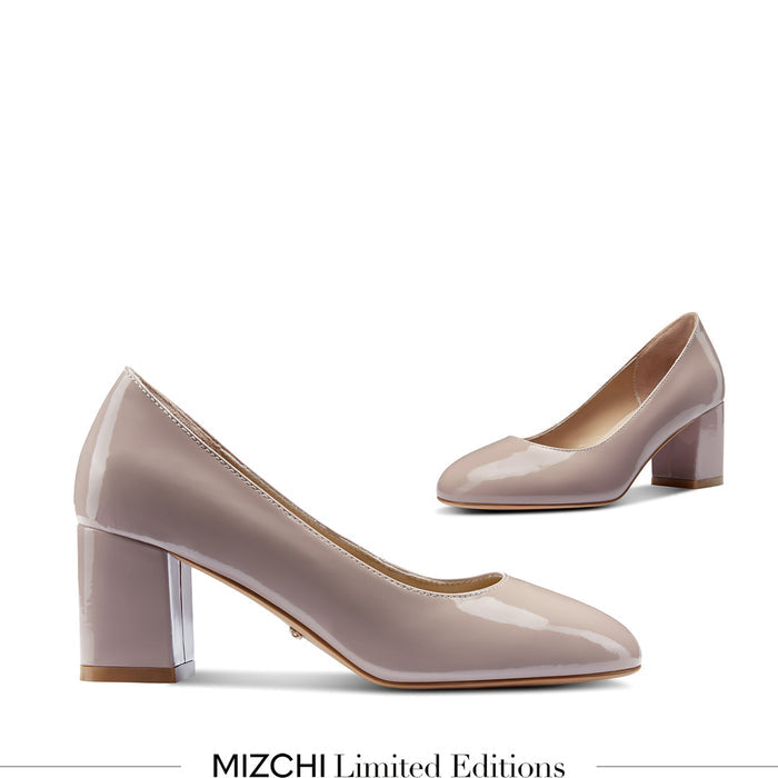 FIONA - beige patent chunky heel pump