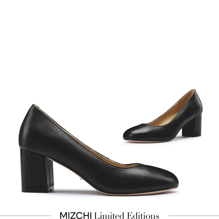 FIONA - black leather chunky heel pump