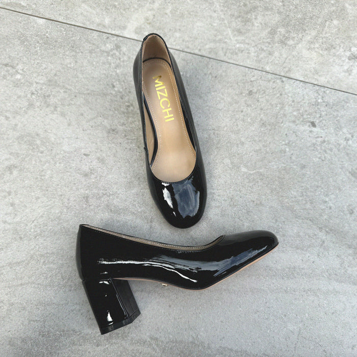 FIONA - black patent chunky heel pump*