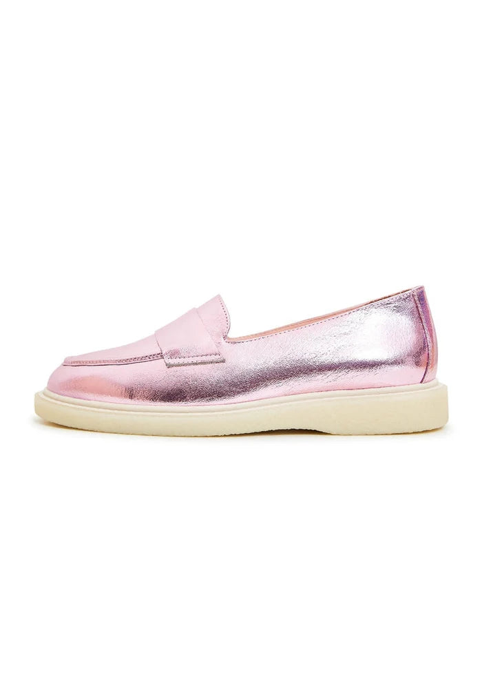 A stylish pair of metallic pink women's loafers with a flat sole, perfect for fashionable footwear.