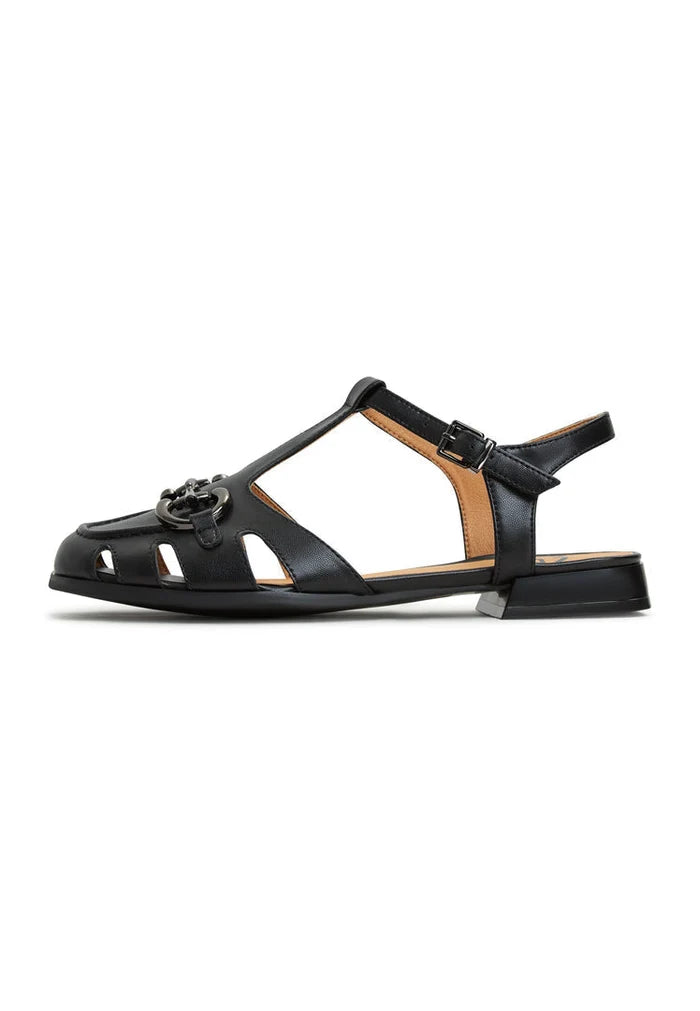 A pair of classic black Aisha flat sole sandals for women, perfect for summer footwear fashion.