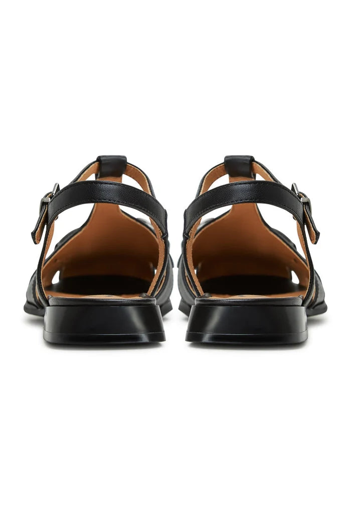 A close-up image of black Aisha flat sole sandals, a stylish and chic choice for women's summer footwear.