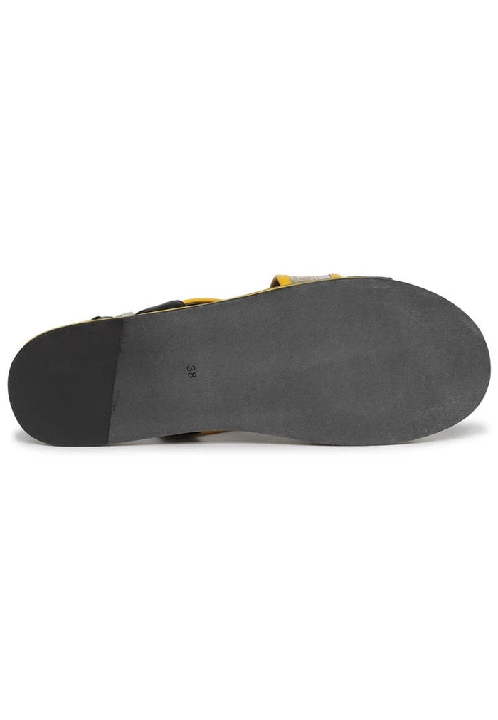 A stylish pair of urban leather sandals with flat soles, perfect for casual city outings, crafted from high-quality leather for comfortable urban footwear.