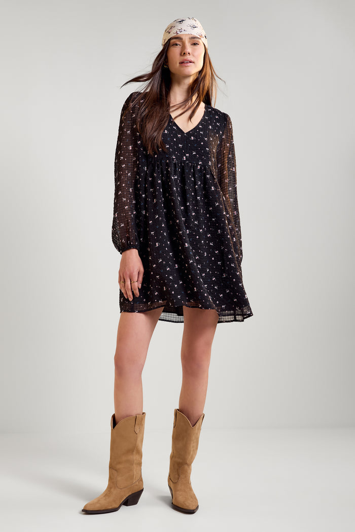 Gingham and Floral Babydoll Dress - 2240