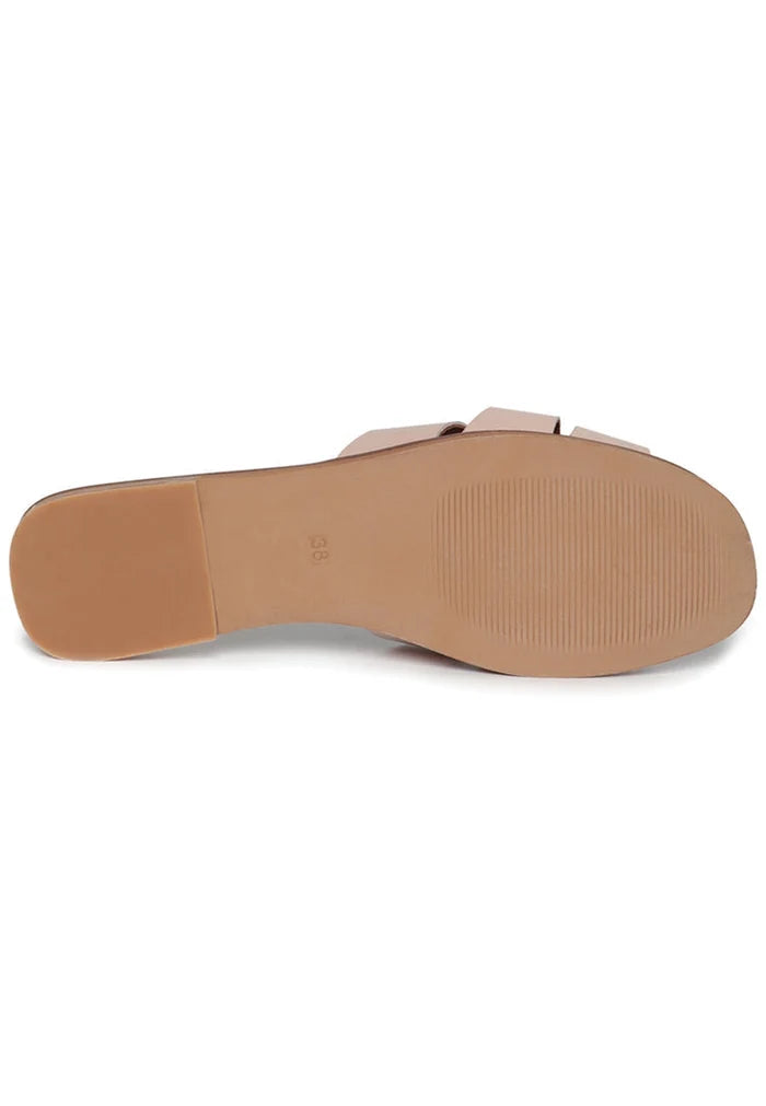 Stylish beige slides with gloss weave design, perfect for summer and trendy footwear fashion.