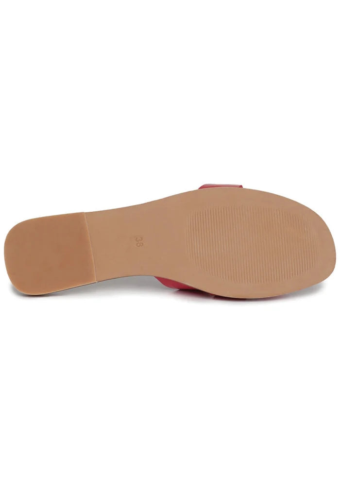 A stylish pair of women's red slides featuring a gloss weave design, perfect for adding a pop of color to your summer outfits.