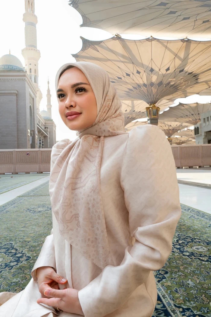 haramain 2 printed square scarf in arafah by buttonscarves style look