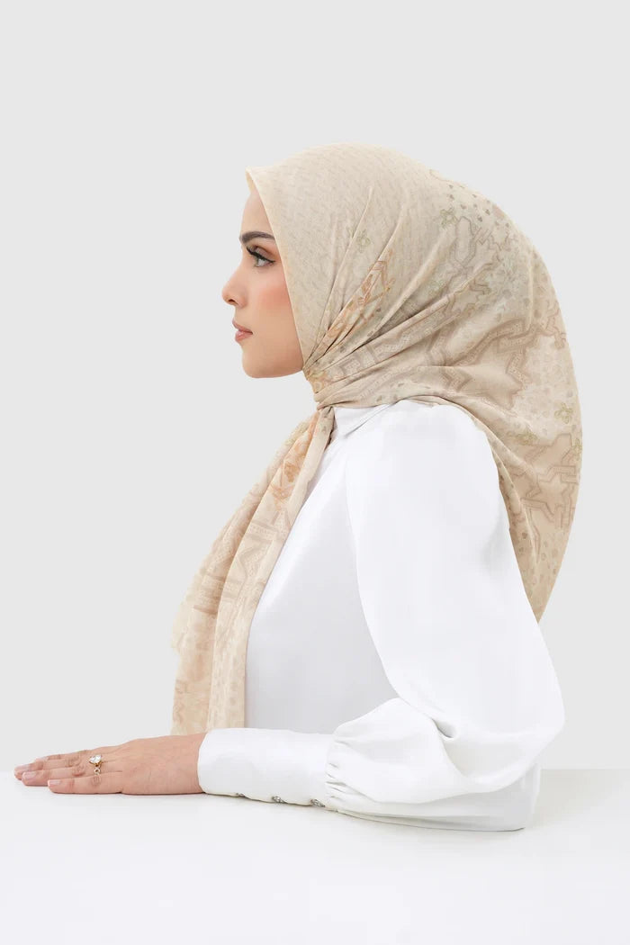 haramain 2 printed square scarf in arafah by buttonscarves side view