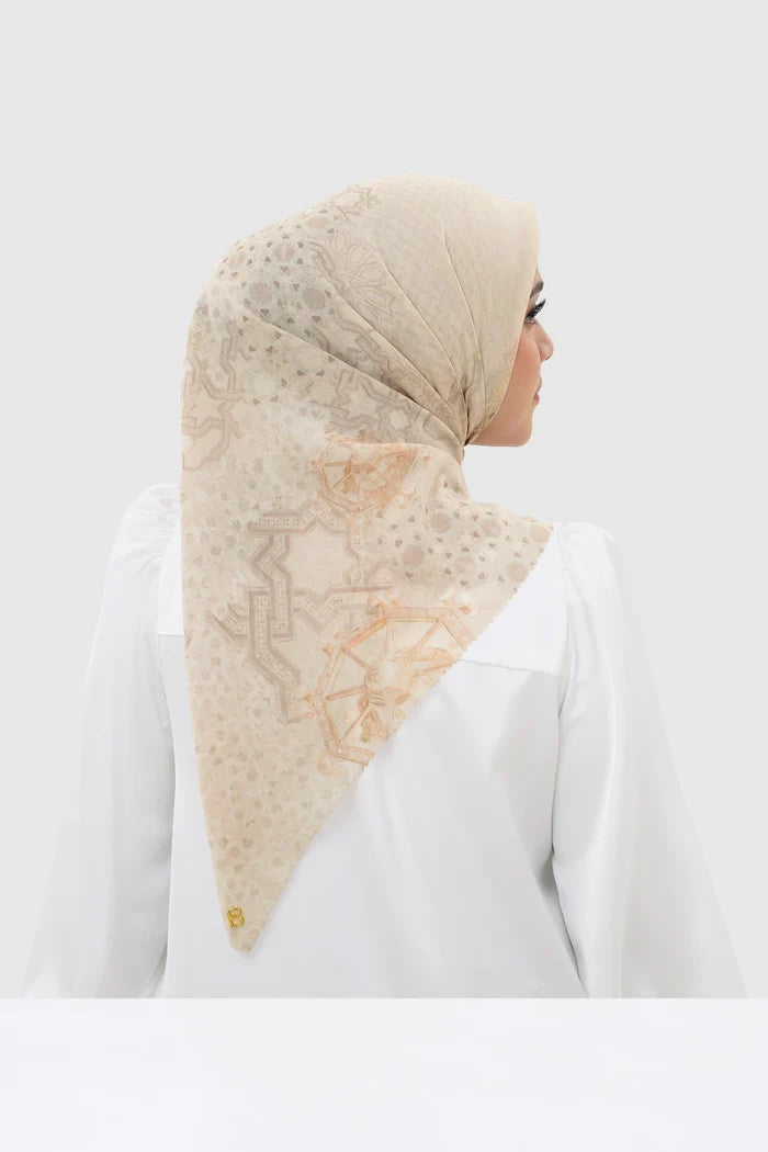 haramain 2 printed square scarf in arafah by buttonscarves back view