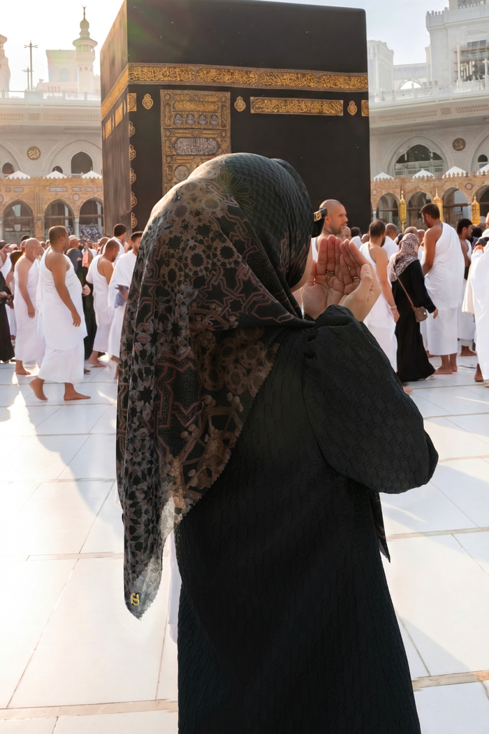 haramain 2 printed square scarf in dates by buttonscarves style look
