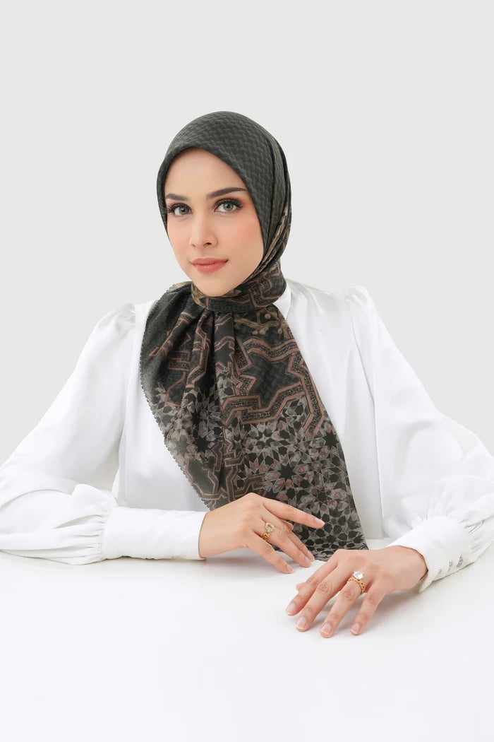 haramain 2 printed square scarf in dates by buttonscarves front view