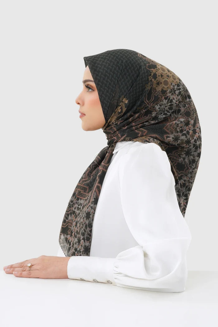 haramain 2 printed square scarf in dates by buttonscarves side view